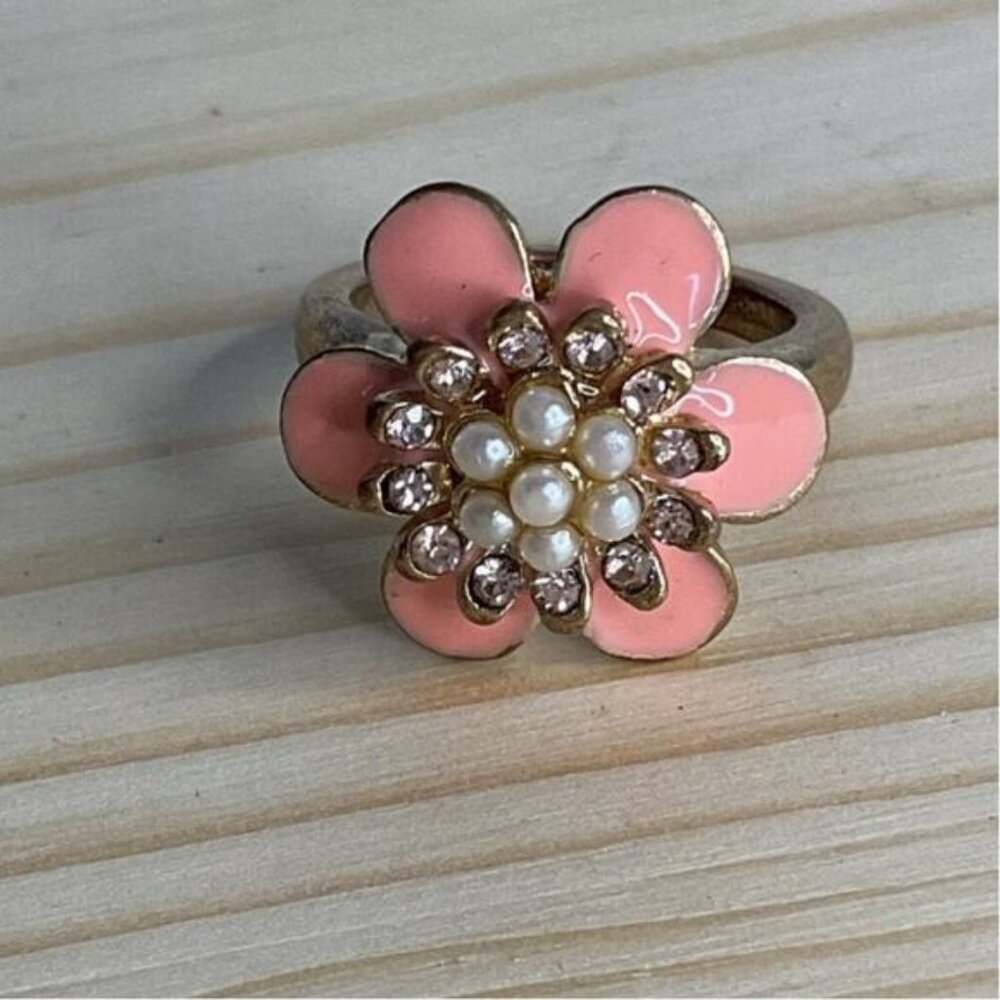 Vintage Gold Tone Pink Enamel Flower Ring W/ Rhinestones & Faux Pearls